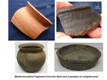 Medieval pottery fragments from the ditch and examples of complete pots